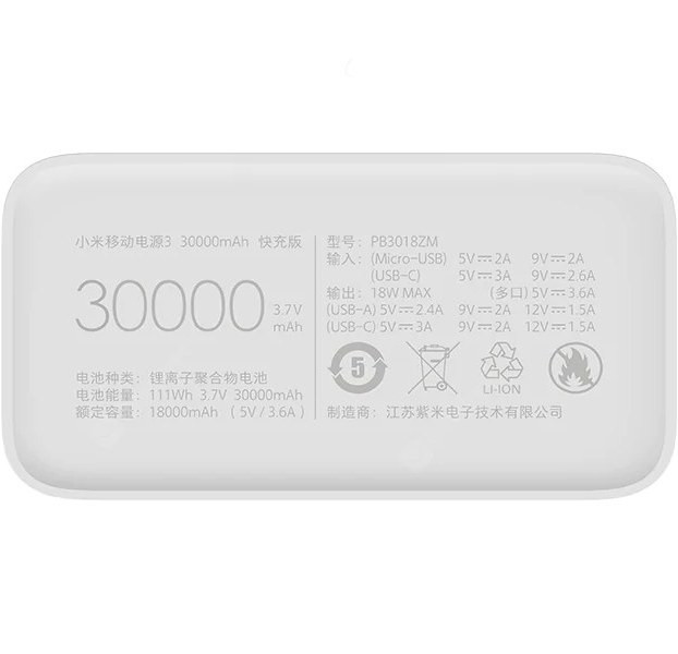 پاوربانک شیائومی مدل PB3018ZM ظرفیت 30000 اصل+گارانتی 1 ساله+هدیه(کابل میکرو فست )