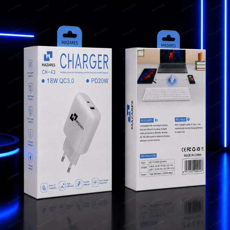 شارژر دیواری مازارس مدل CH-43 دو پورت 20 وات