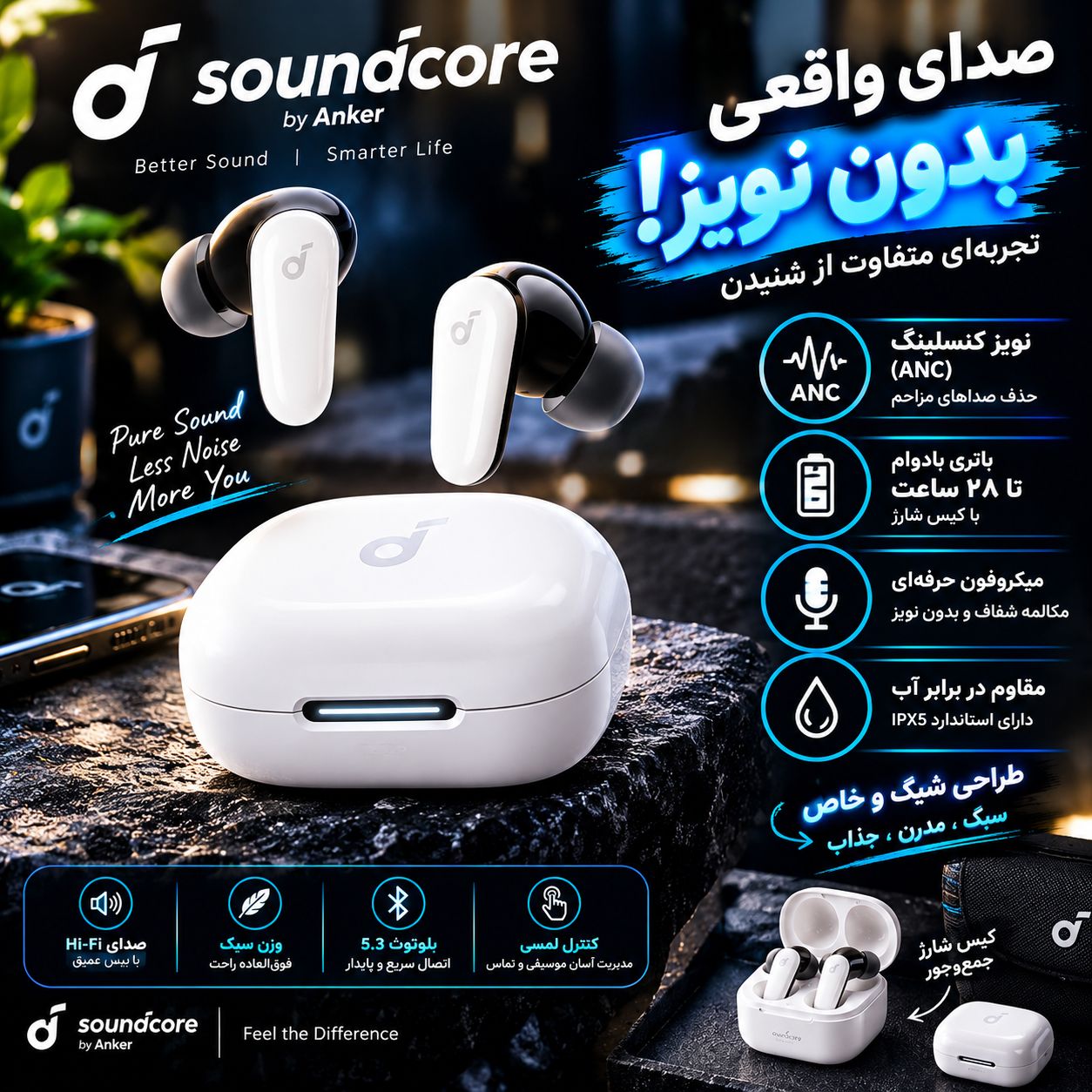 ایرپاد بلوتوثی انکر مدل R50i NC با حذف نویز فعال (قابلیت اتصال به Soundcore ندارد)*قیمت تخفیفی *{رنگ جذاب سفید}
