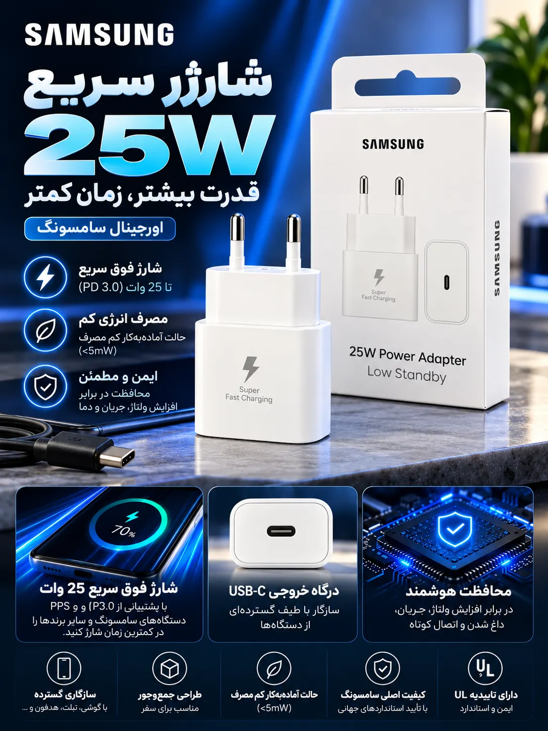 شارژر سامسونگ مدل EP-T2510 توان 25 وات دو پین{گارانتی دار}*قیمت تخفیفی *اصلی کیفیت درجه یک
